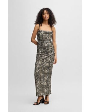HUGO Corset-Bodice Dress With Gathered Mesh Overlay - Grey