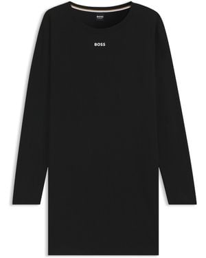 BOSS Langärmeliges Nachthemd Aus Stretch-Baumwolle Mit Logo-Print - Schwarz