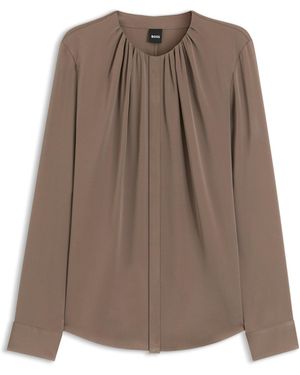 BOSS Blusa En Seda Elástica Con Frunces - Marrón