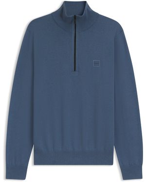 BOSS Trui Met Ritskraag En Logopatch Van Katoen En Kasjmier - Blauw