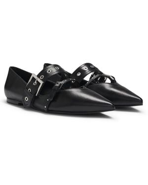 HUGO Nappa-Leather Ballerina Pumps With Buckled Straps - Schwarz