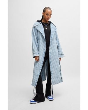 HUGO Denim Trench Coat With Checkerboard Jacquard - Blue