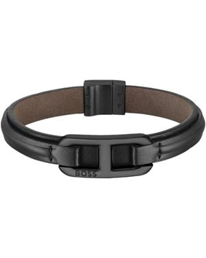 BOSS Layered Leather Cuff With Branded Metallic Link - Brown