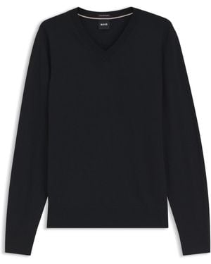 BOSS Pullover Aus Extrafeiner Merinowolle Mit V-Ausschnitt - Schwarz