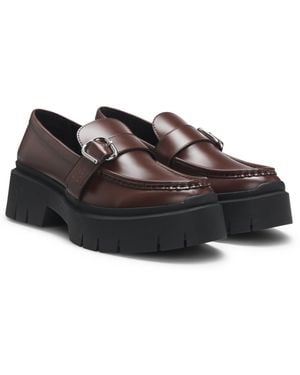 HUGO Leather Loafers With Buckled Strap - Brown