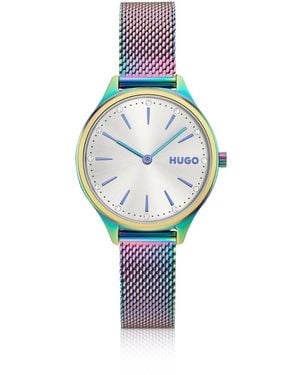 HUGO #Glanzend Horloge Van Iriserend Gecoat Staal Met Kristallen Uuraanduidingen - Blauw