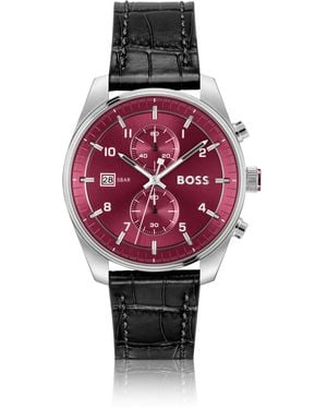 BOSS Zilverkleurige Chronograaf Met Polsband Van Leer Met Krokostructuur - Rood