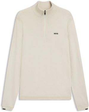 BOSS Zip-Neck Cotton Jumper With Logo Print - Natural