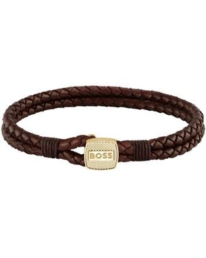 BOSS Braided-Leather Cuff - Brown