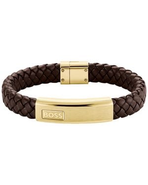 BOSS Braided-Leather Cuff With-Tone Logo Plate - Brown