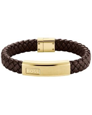 BOSS Braided-Leather Cuff With-Tone Logo Plate - Brown