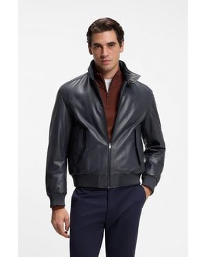 BOSS Padded Leather Jacket With Stand Collar - Blue