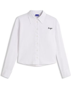 HUGO Cropped Relaxed-Fit Blouse Van Oxfordkatoen - Wit