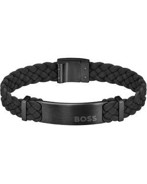BOSS Suede Braided Cuff With Logo Plate - Black