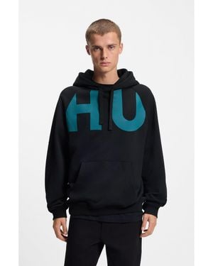 HUGO Cotton-Terry Hoodie With Logo Print - Blue