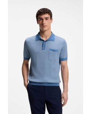 BOSS Cotton-Silk Knit Polo With Geometric Pattern - Blue