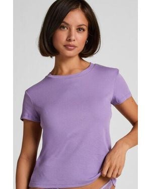 Hunkemöller Ribbed Crew Neck Short-Sleeved Pyjama Top - Purple