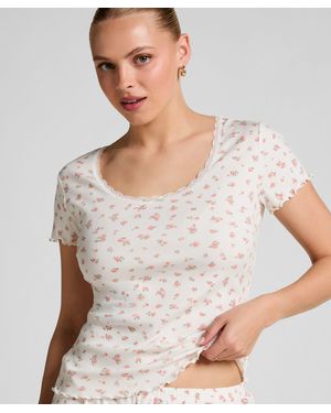 Hunkemöller Geribde Top Met Korte Mouwen En Kant - Grijs