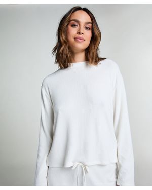 Hunkemöller Long-sleeved Knitted Ribbed Pyjama Top - White