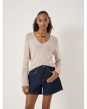 Hush Pointelle Cotton V Neck Jumper - Blue