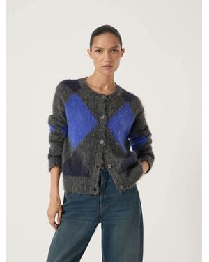 Hush Brushed Argyle Alpaca Blend Cardigan - Blue