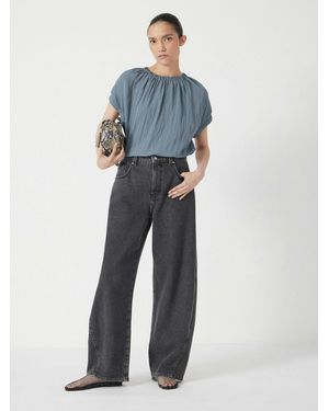 Hush Gathered Crew Neck Detail Top - Blue