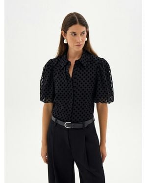 Hush Puff Sleeve Chiffon Flocked Shirt - Black
