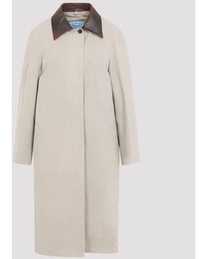 Prada Single-Breasted Long Coat With Leather Collar - Natural