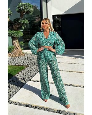 Billie Faiers Printed Chiffon Wide Leg Trouser - Green