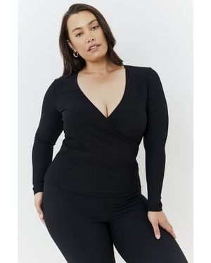 In The Style Wrap Front Rib Long Sleeve Top - Black