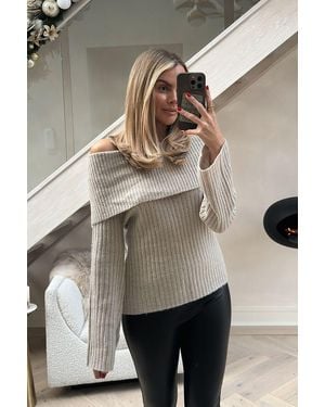 Perrie Sian Rib Knit Bardot Jumper - Natural