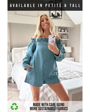 Stacey Solomon Off The Shoulder Denim Playsuit - Blue