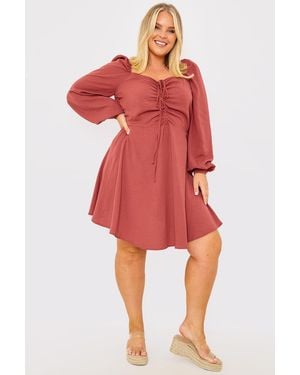 In The Style Channel Front Ruched Balloon Sleeve Shift Dress - Red