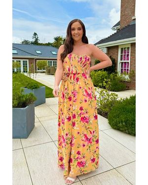 JAC JOSSA Floral Plisse Bandeau Maxi Dress With Removable Corsage - Green