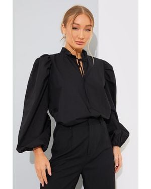 In The Style Cotton Puff Sleeve Tie Front Blouse - Black