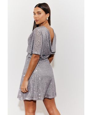 In The Style Flutter Sleeve Cowl Back Sequin Mini Dress - Grey