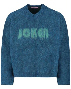 Martine Rose V-Neck Mohair Jumper With Ribbed Trims And Prominent Logo - Blue