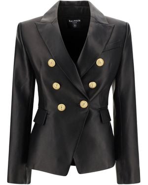 Balmain Double-Breasted Leather Blazer - Black