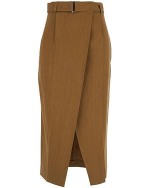 Tela Skirt With Belt And Front Vent - Brown