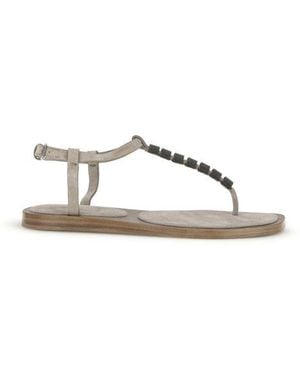 Brunello Cucinelli Beige Calf Leather Bos Taurus Flat Sandals - Natural