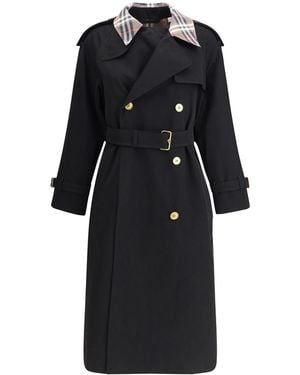 Burberry Castleford Long Trench Coat With Check Collar - Black