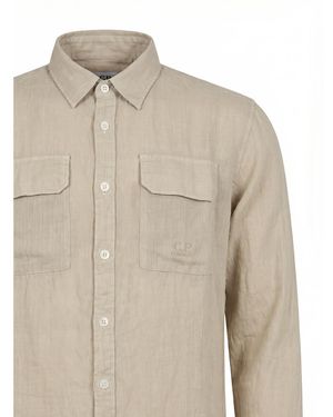 C.P. Company Dove Linen Long-Sleeved Shirt With Chest Pockets And Tone-On-Tone Logo Embroidery - Natural