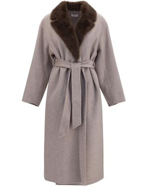 P.A.R.O.S.H. Wool Coat With Fur Collar And Belt Merino Ovis Aries - Multicolor