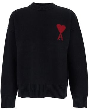 Ami Paris Crewneck Sweater With Adc Embroidery Wool Tops - Blue
