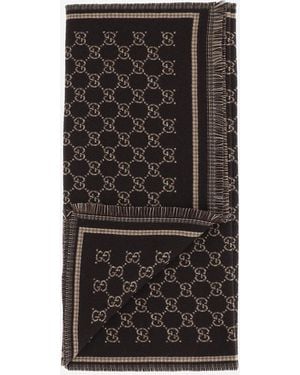 Gucci Wool Scarf With Gg Pattern - Black