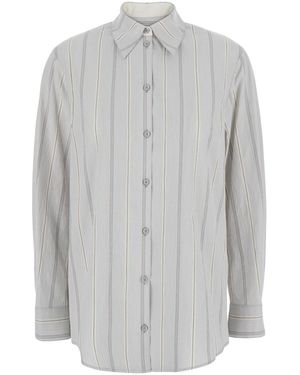 Low Classic Shirt With Classic Collar And All-Over Striped Motif Cotton Light Blouses - Grey