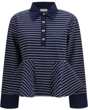 Ganni Striped Polo Shirt Cotton - Blue