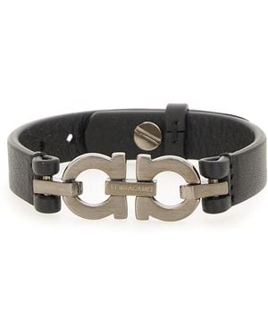 Ferragamo Bracelet Double Gancini Leather Calf Bracelets - Black
