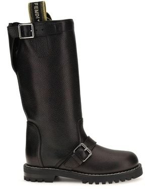 Fendi Calf Leather Bos Taurus Lace-Up Boots - Black