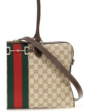 Gucci Top Handle Bag Horsebit Web Vintage Sand-Dark- Sand/Dark/ Fabric Handbags - Natural